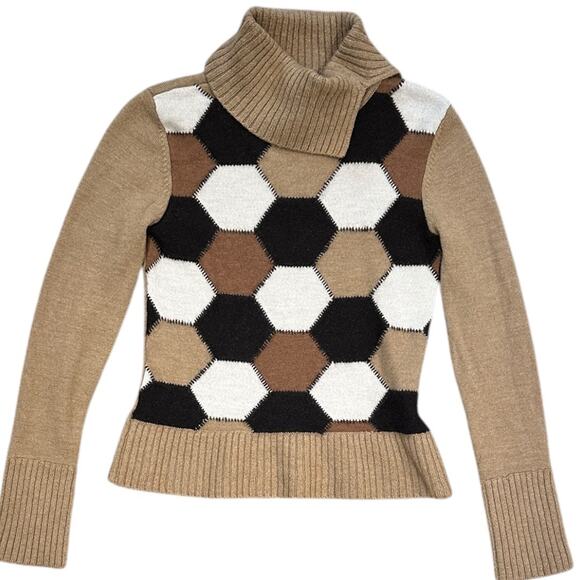 90s Kenneth Cole Wool Tortoise Patchwork Turtleneck Sweater - Picture 1 of 7